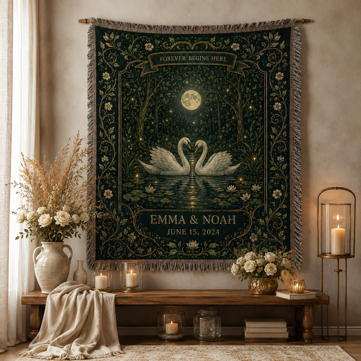 Personalized swan wedding woven blanket displayed as romantic botanical wall decor