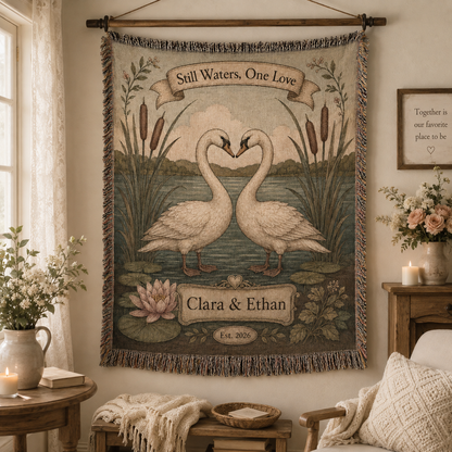 Personalized swan wedding woven blanket displayed as romantic wall decor
