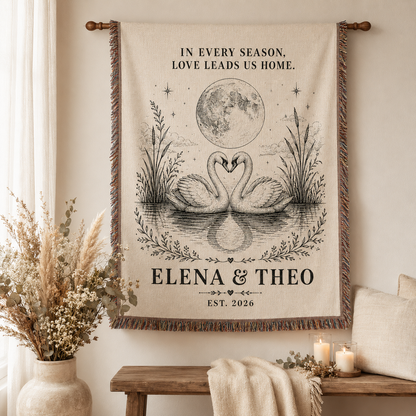 Personalized swan wedding woven blanket displayed as romantic wall decor