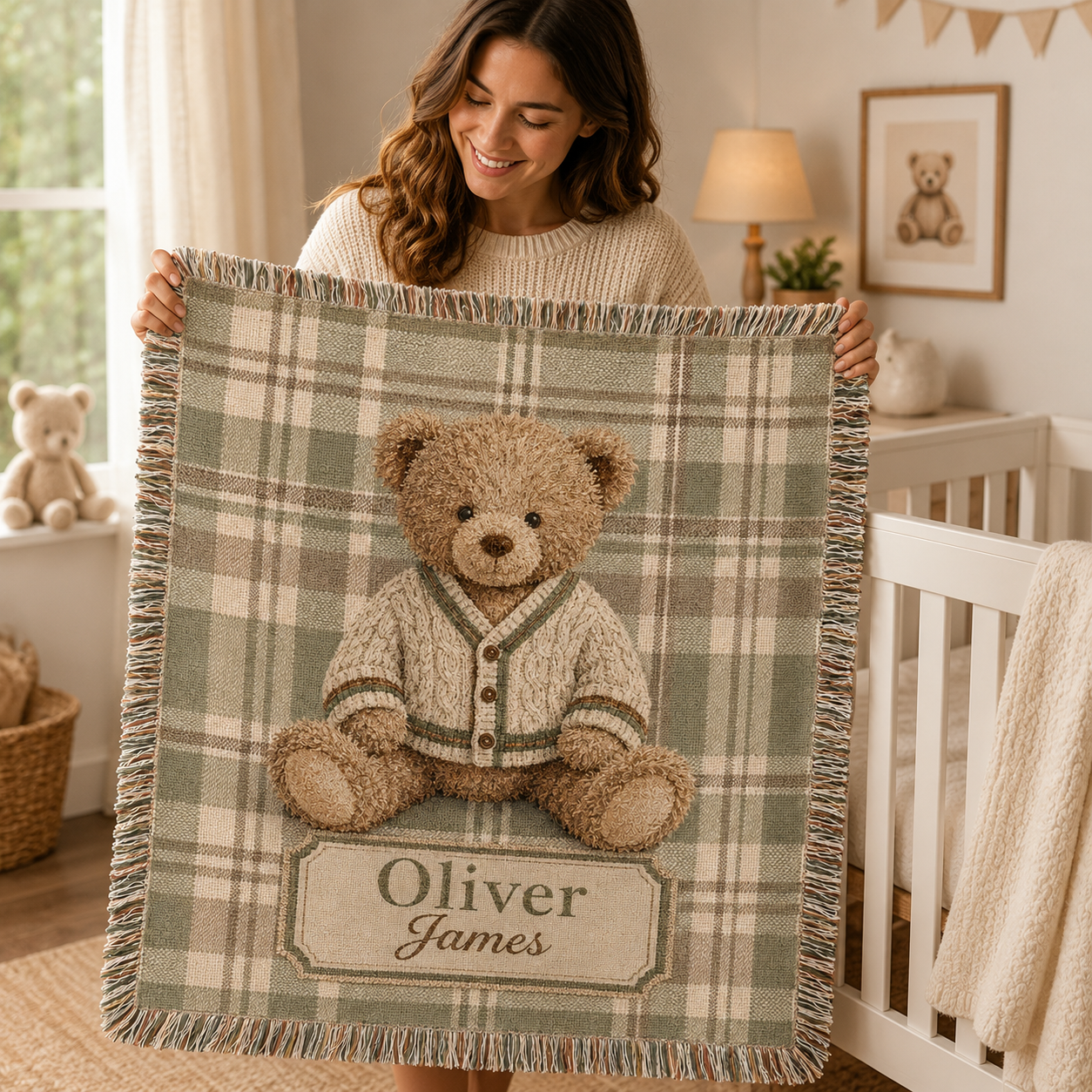 Personalized teddy bear plaid woven blanket displayed on a nursery crib