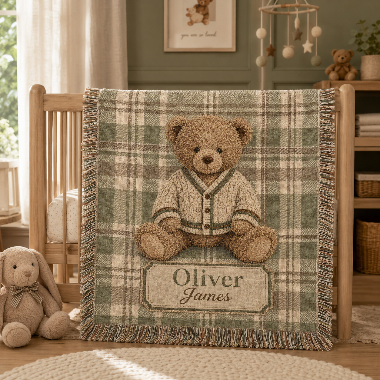 Personalized teddy bear plaid woven blanket styled on a cozy nursery daybed