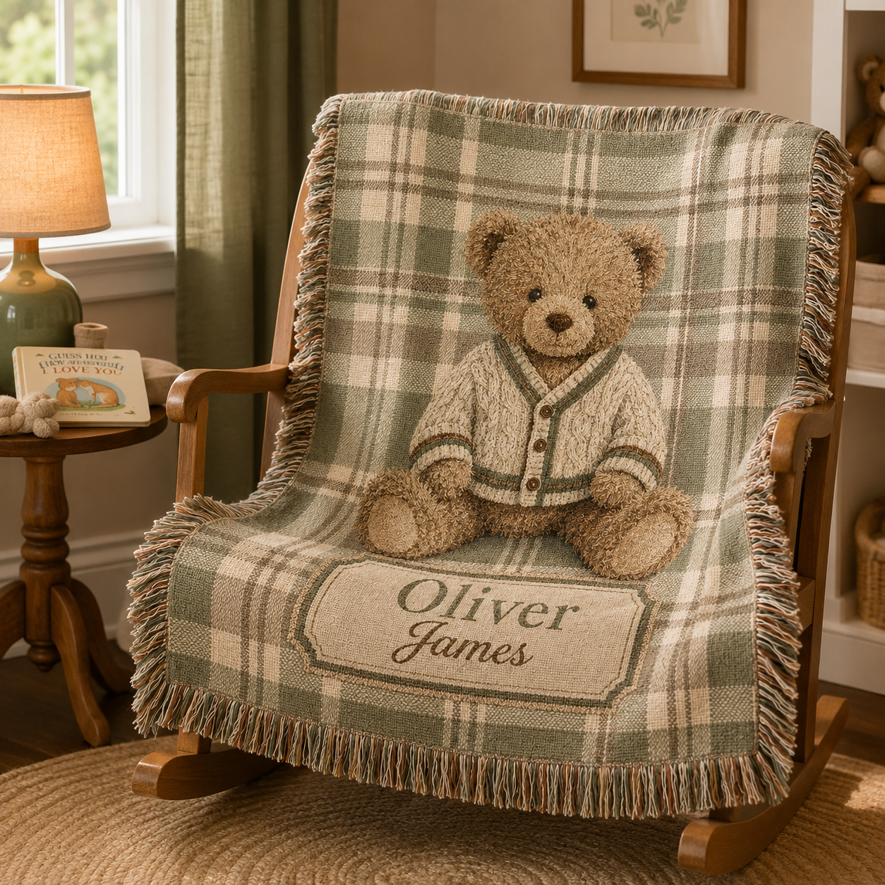 Mother displaying a personalized teddy bear plaid woven blanket in a nursery