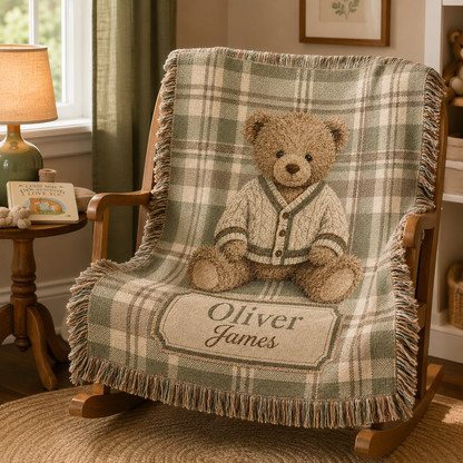 Mother displaying a personalized teddy bear plaid woven blanket in a nursery