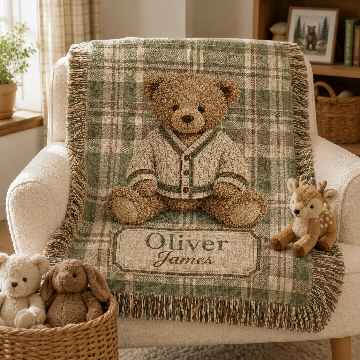 Personalized teddy bear plaid woven blanket on a cozy nursery reading chair