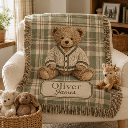 Personalized teddy bear plaid woven blanket on a cozy nursery reading chair