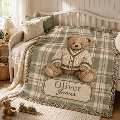 Personalized teddy bear plaid woven blanket styled on a nursery rocking chair