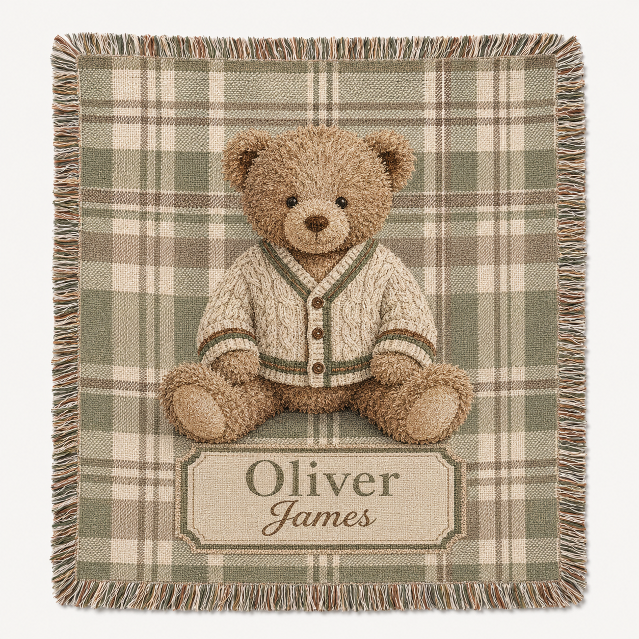 Personalized teddy bear plaid woven blanket with custom name and fringe