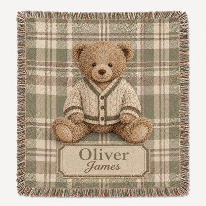 Personalized teddy bear plaid woven blanket with custom name and fringe