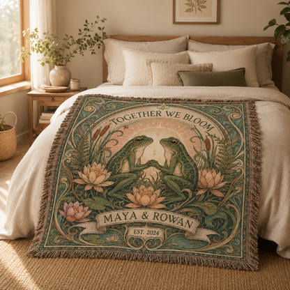 Custom couple name frog woven blanket displayed on a cozy neutral bed