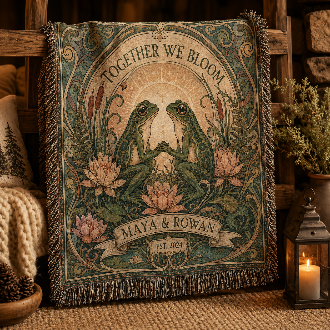 Personalized frog woven blanket styled in a warm rustic cabin interior