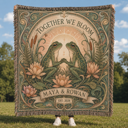 Personalized Together We Bloom frog woven blanket with custom couple names and established year
