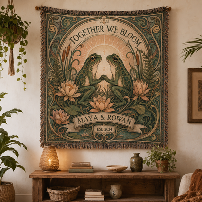 Personalized frog couple woven blanket displayed as botanical wall decor