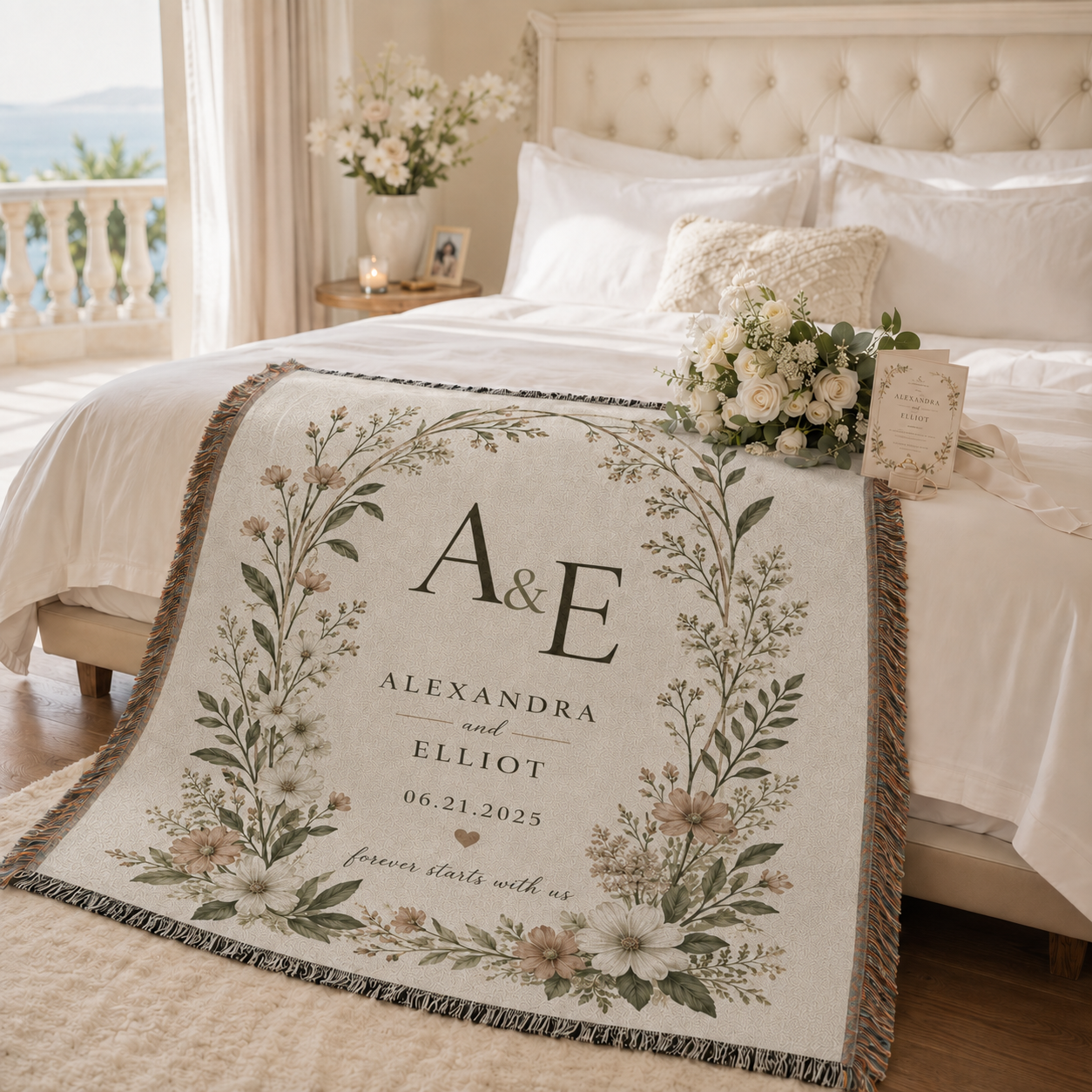 Personalized botanical wedding woven blanket styled in a bright romantic bedroom