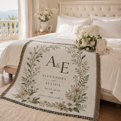 Personalized botanical wedding woven blanket styled in a bright romantic bedroom
