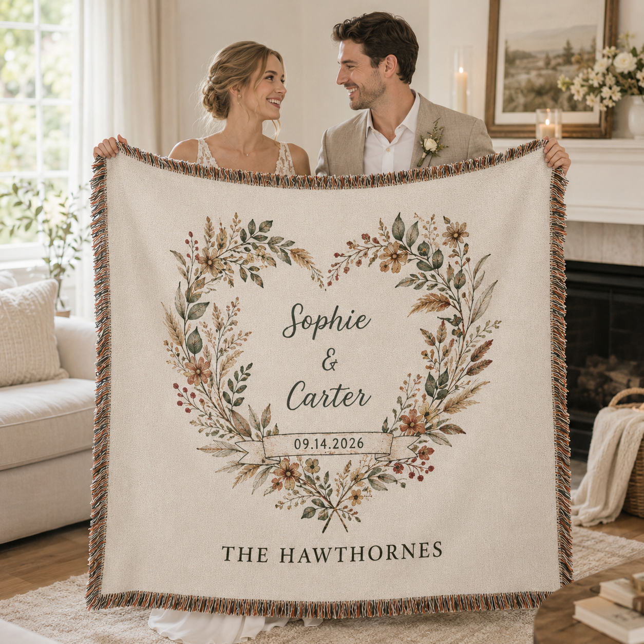 Newlywed couple holding a personalized floral heart woven wedding blanket