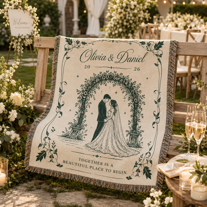 Personalized wedding woven blanket displayed at an outdoor garden reception