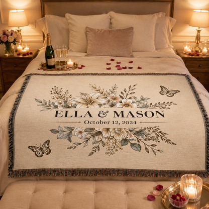 Personalized wedding woven blanket styled in a romantic bedroom