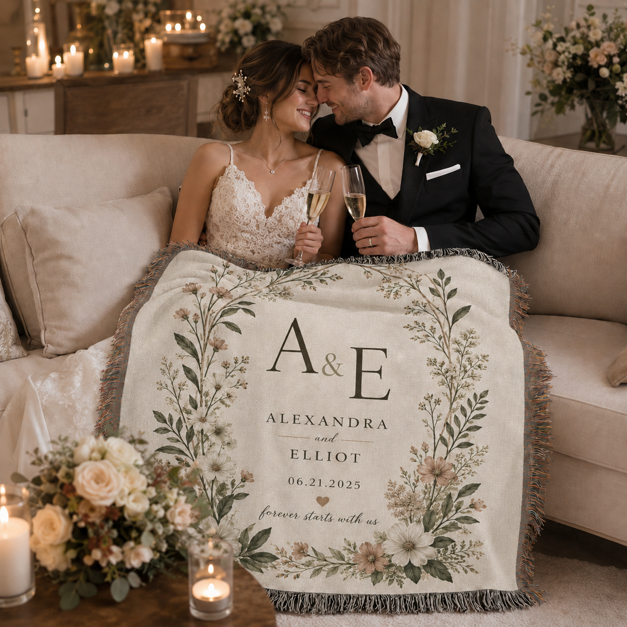 Newlywed couple celebrating with a personalized woven wedding blanket