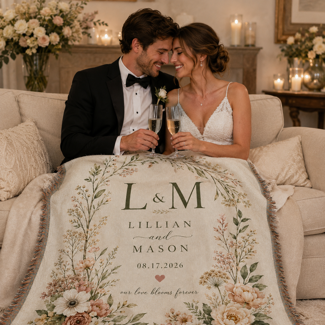 Newlywed couple celebrating with a personalized botanical woven wedding blanket