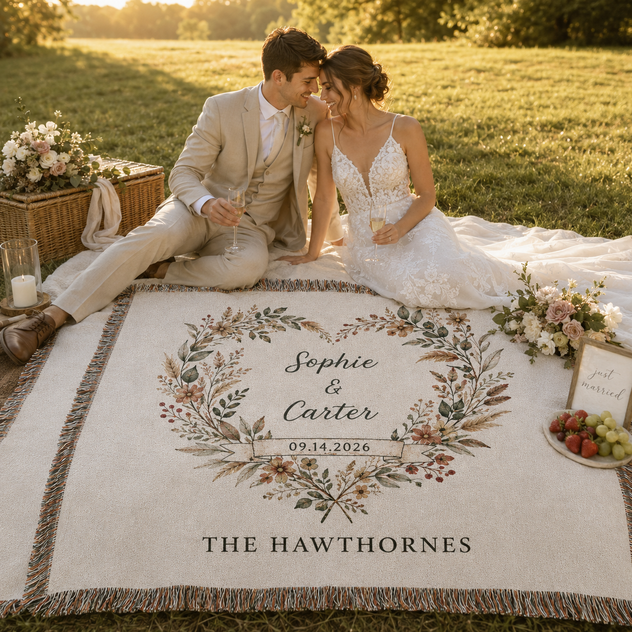 Newlywed couple enjoying a romantic picnic on a personalized wedding woven blanket