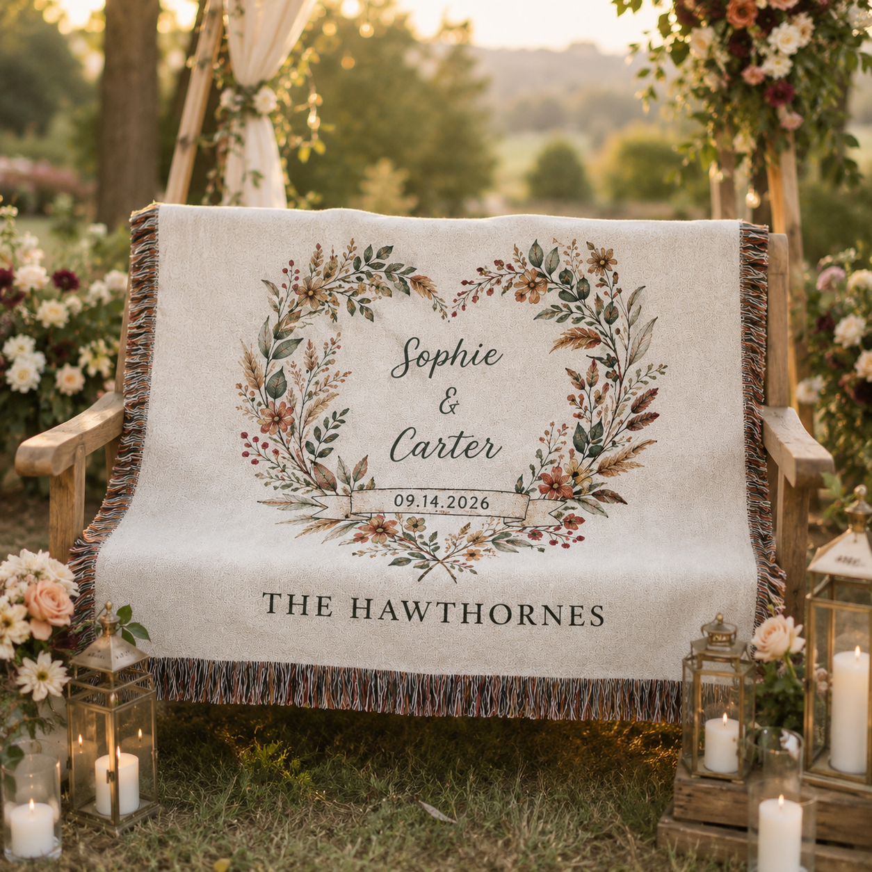 Personalized floral woven wedding blanket displayed at an outdoor wedding reception