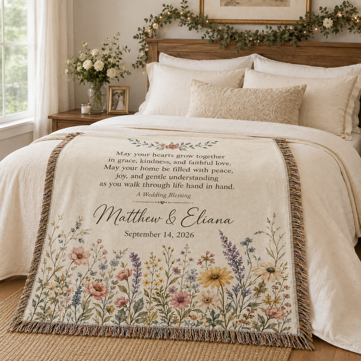 Personalized wedding blessing woven blanket styled across a romantic bedroom bed