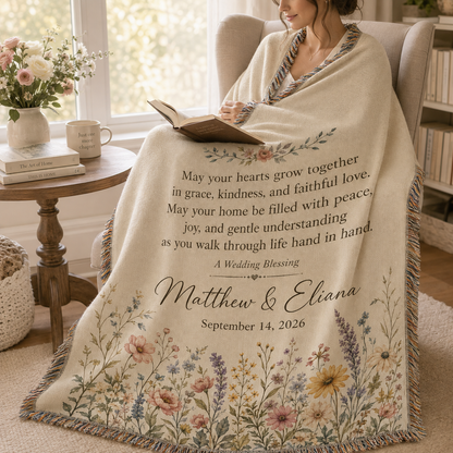 Personalized wedding blessing woven blanket used in a cozy reading nook