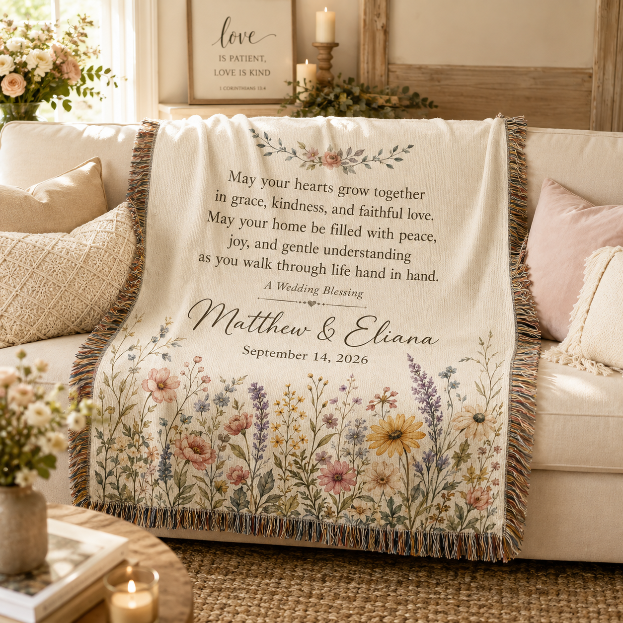Personalized wedding blessing woven blanket softly draped on cream sofa