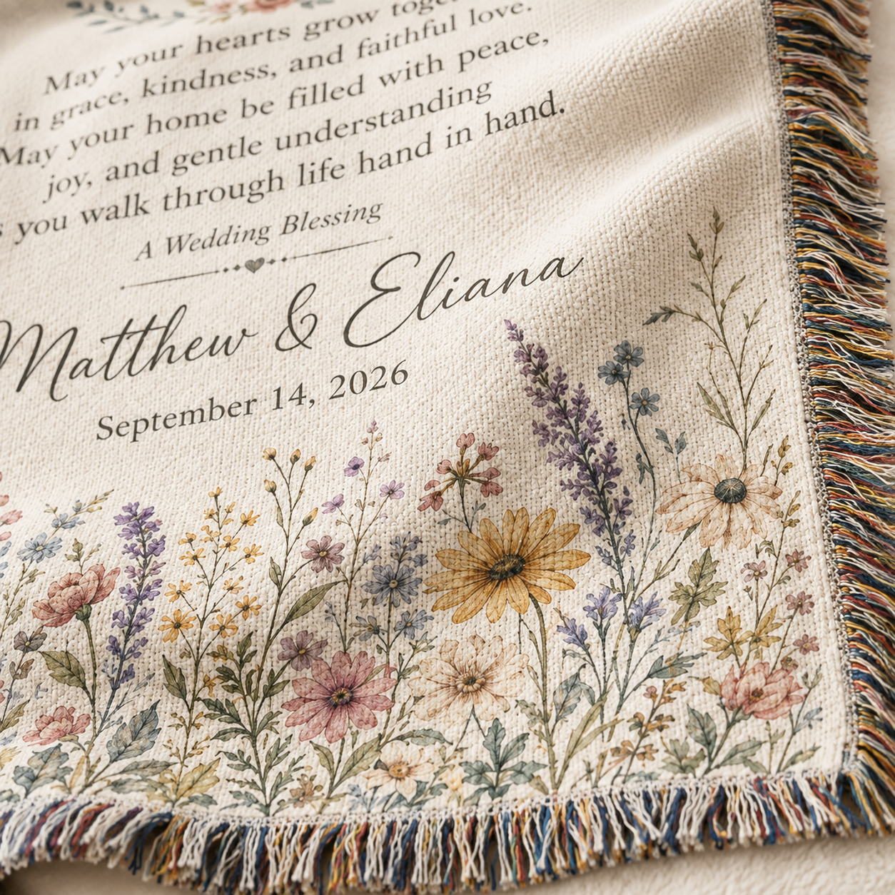 Macro close-up of personalized wedding blessing woven blanket texture and multicolor fringe