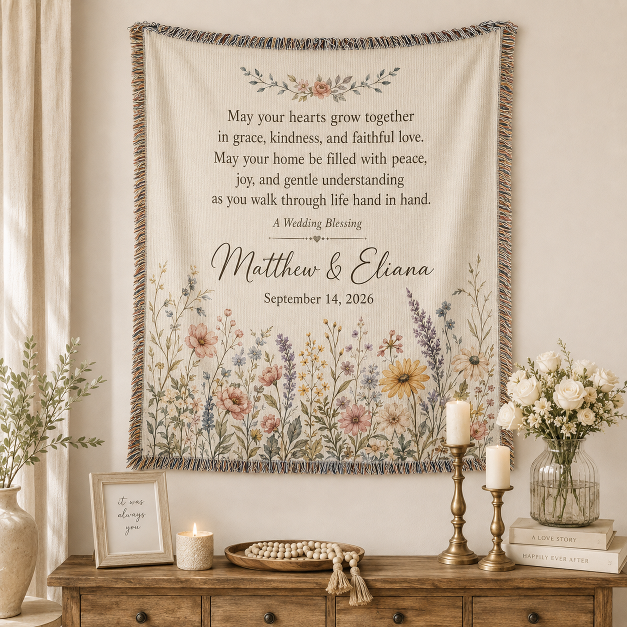 Personalized wedding blessing woven blanket displayed as romantic wall decor