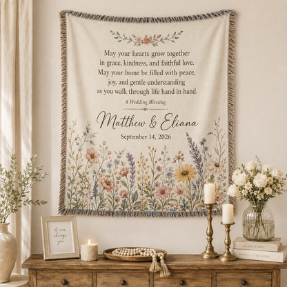 Personalized wedding blessing woven blanket displayed as romantic wall decor