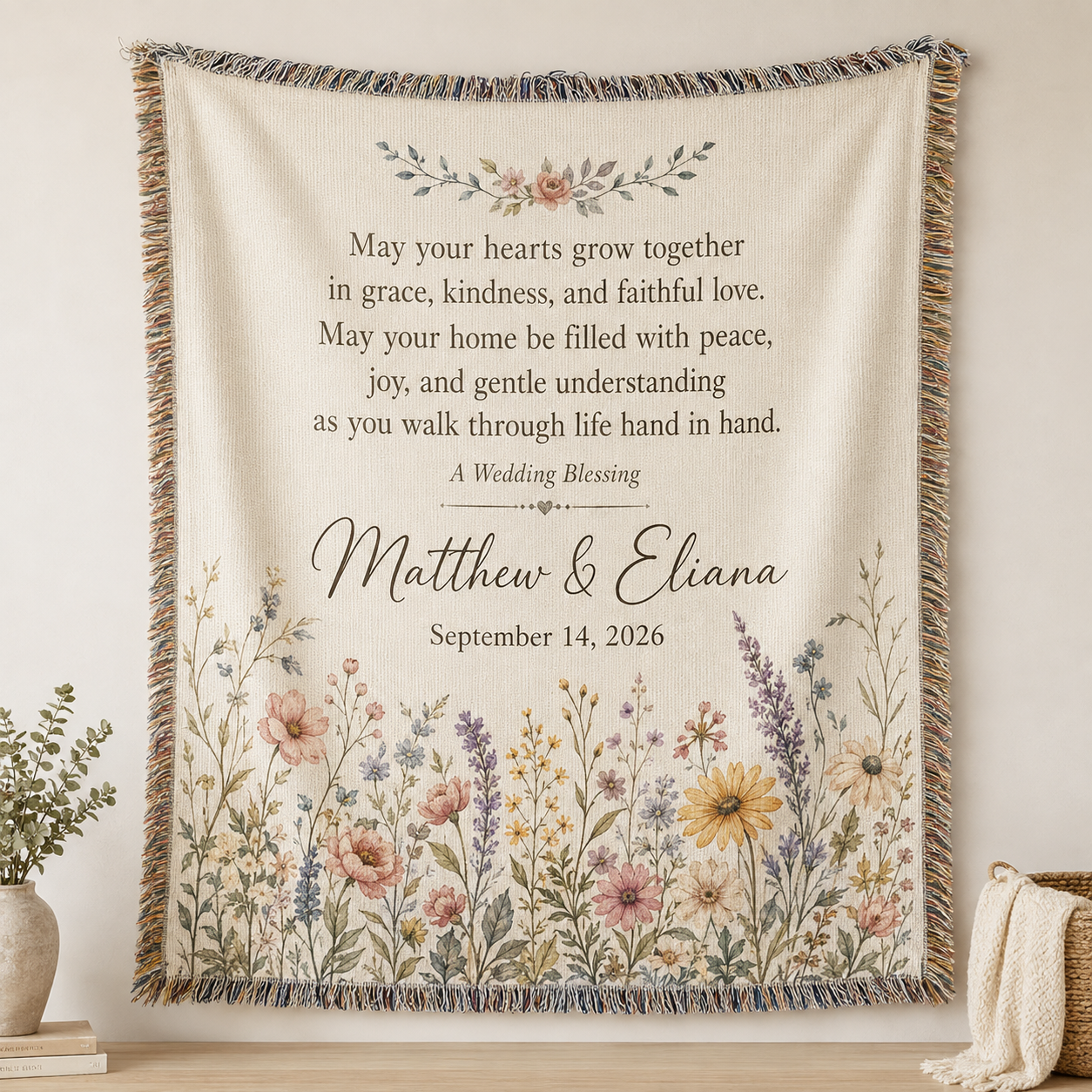 Personalized wedding blessing woven blanket with custom couple names, date and wildflower design