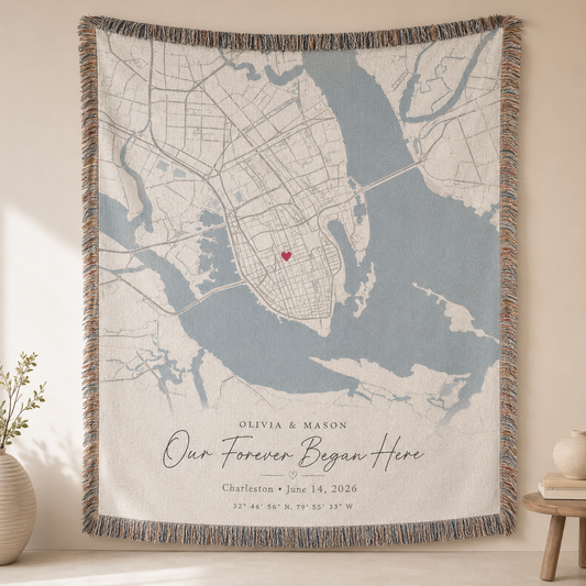 Personalized wedding map woven blanket with custom couple names date location and heart marker