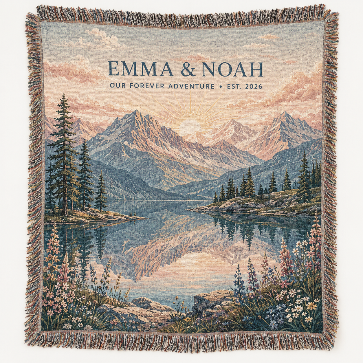 Personalized wedding woven blanket with mountain lake sunrise design and couple names