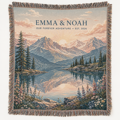 Personalized wedding woven blanket with mountain lake sunrise design and couple names