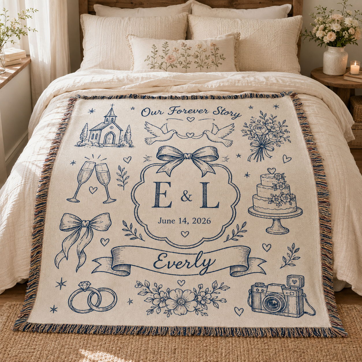 Personalized wedding woven blanket displayed across a cozy cream bedroom
