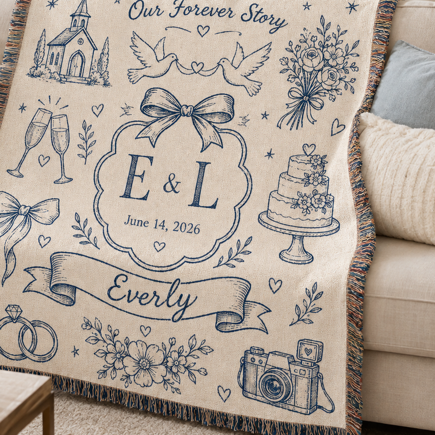 Close-up detail of personalized wedding initials and woven blanket texture