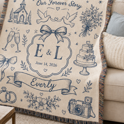 Close-up detail of personalized wedding initials and woven blanket texture