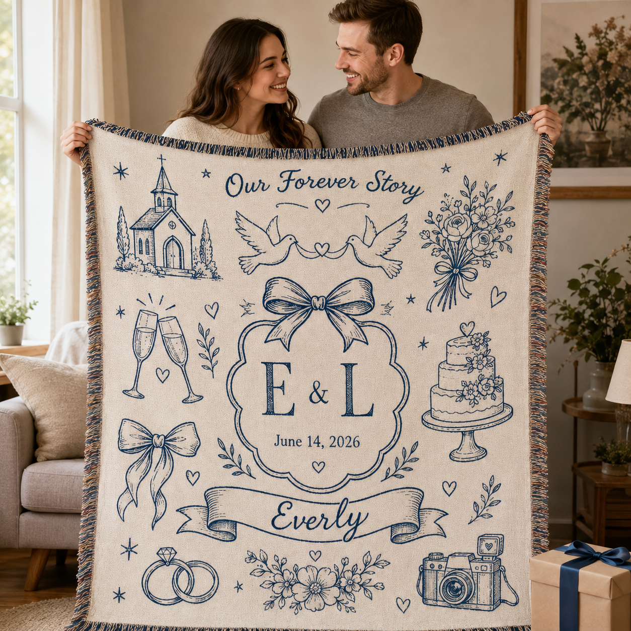 Couple holding a personalized wedding story woven blanket beside a gift box