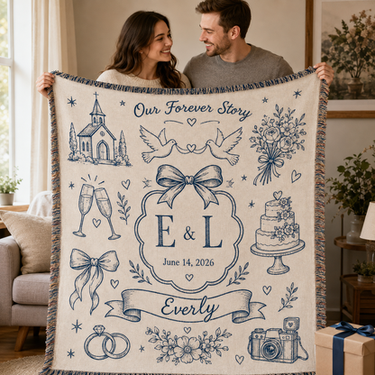 Couple holding a personalized wedding story woven blanket beside a gift box