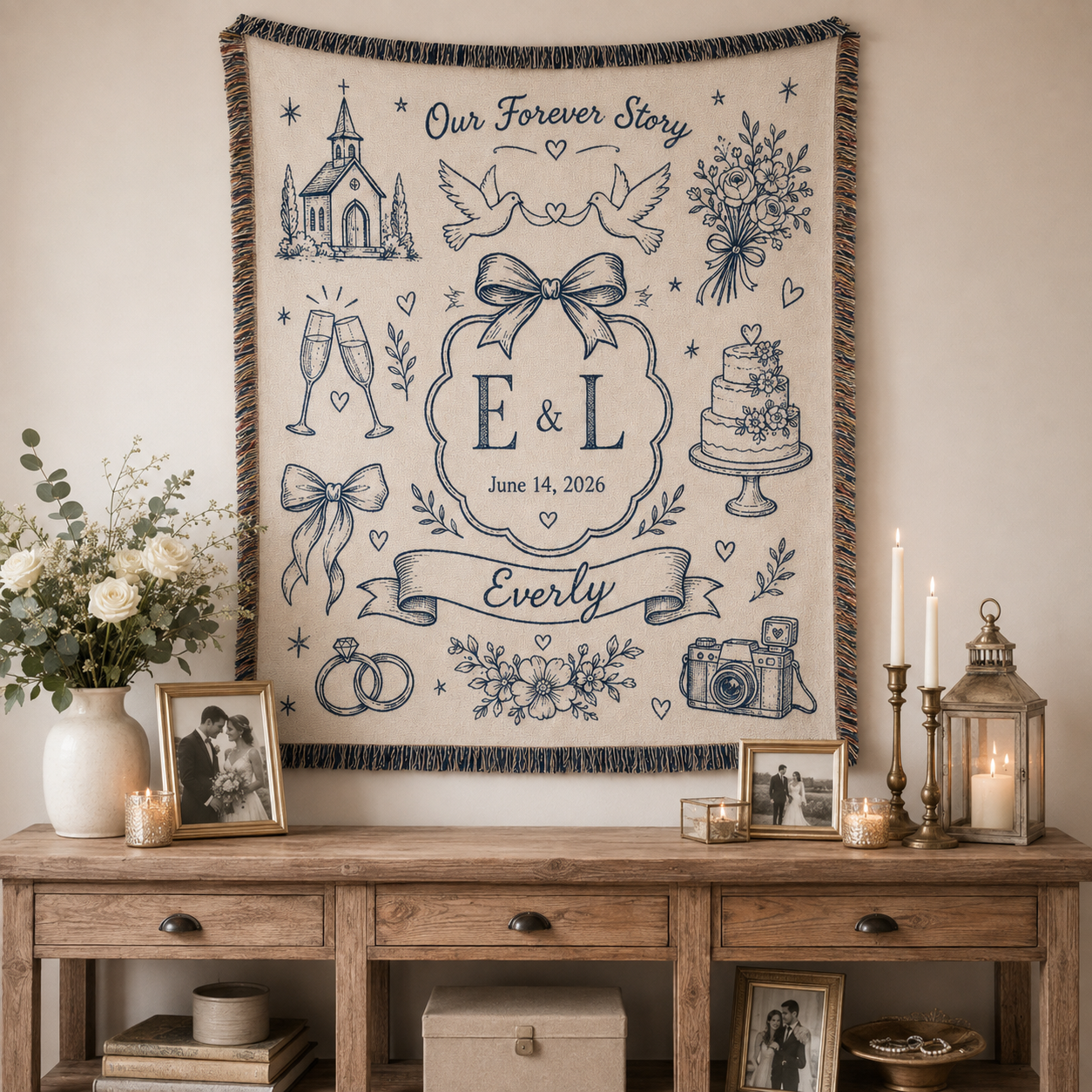 Personalized wedding story woven blanket with couple initials, date and navy line art