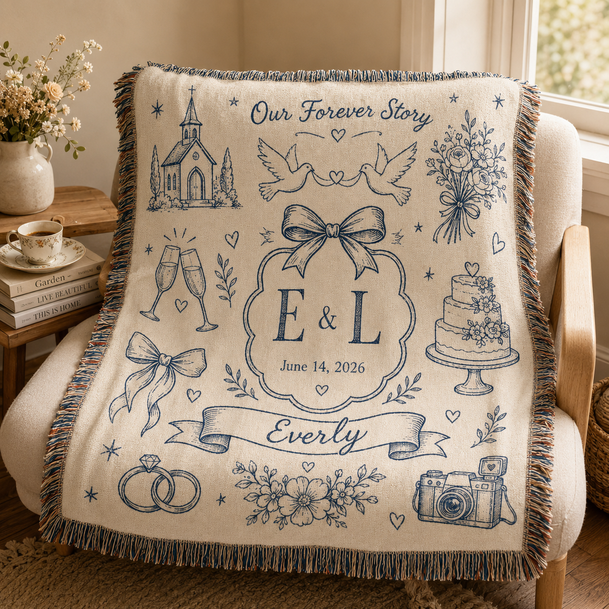 Personalized wedding story woven throw styled on a cozy reading chair
