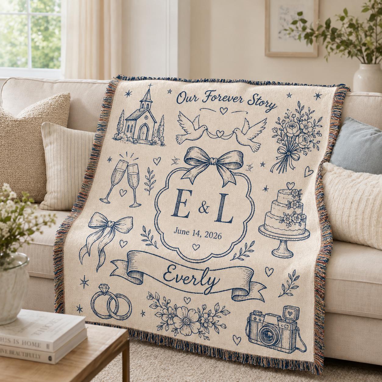 Personalized wedding woven blanket styled on a bright neutral living room sofa