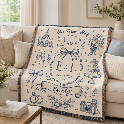 Personalized wedding woven blanket styled on a bright neutral living room sofa