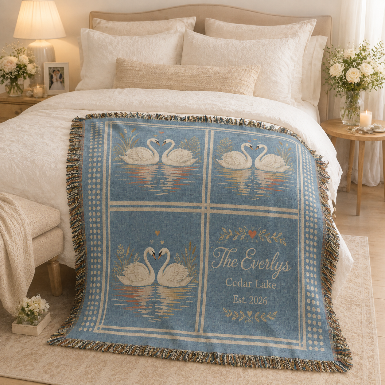 Personalized wedding woven blanket with swans styled in a romantic bedroom