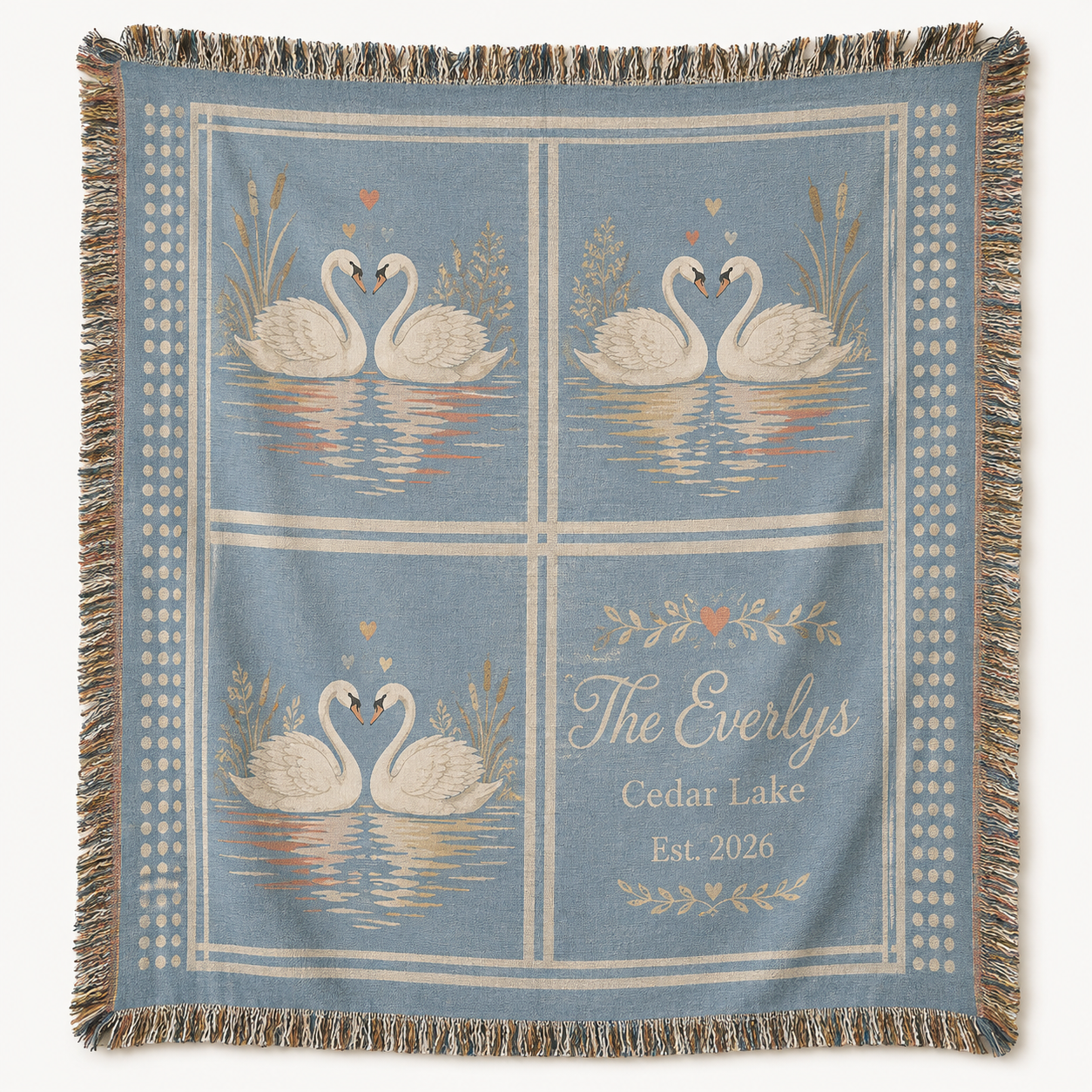 Personalized wedding woven blanket with swan lake design, custom family name, location and year