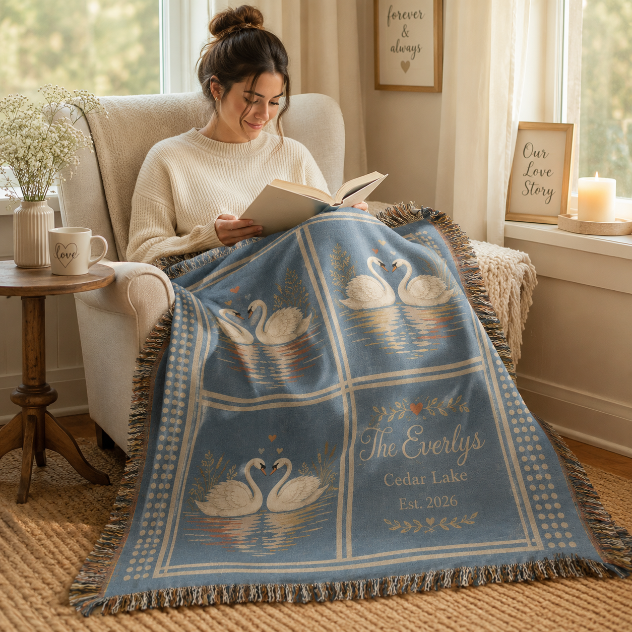 Person using a soft personalized wedding swan woven blanket in a cozy reading nook