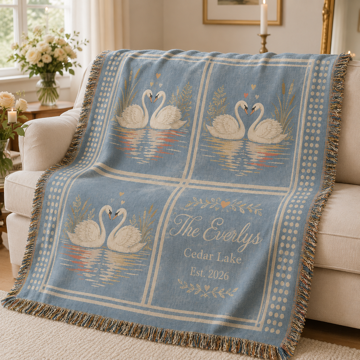 Personalized swan wedding woven blanket softly draped on a cream sofa