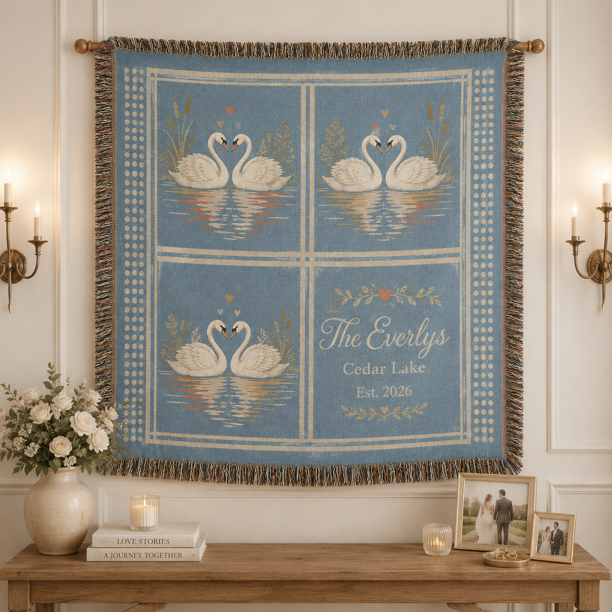 Personalized swan lake wedding woven blanket displayed as elegant wall decor