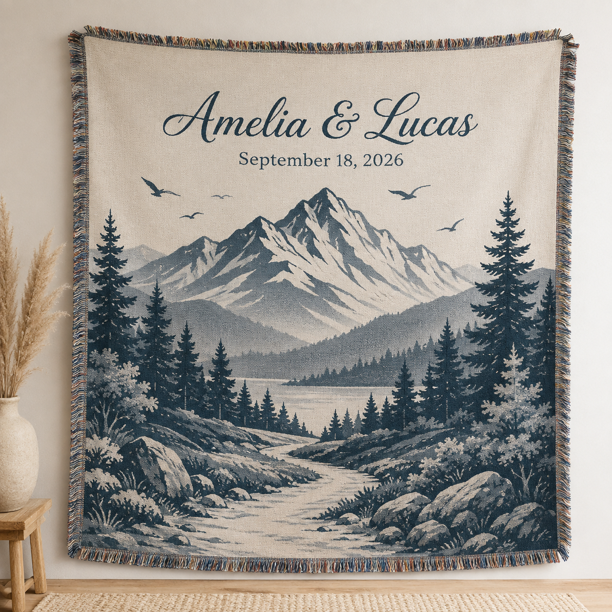 Personalized mountain wedding woven blanket with custom couple names and date
